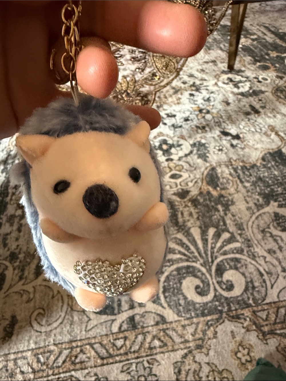Plush Hedgehog Keychain with Rhinestone Heart - Blue and Cream